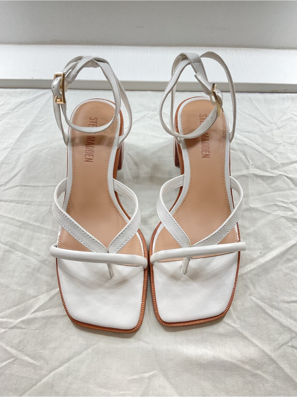 Steve Madden Tilly White Strappy Square-Toe Block Heel Sandals Summer  Y2K